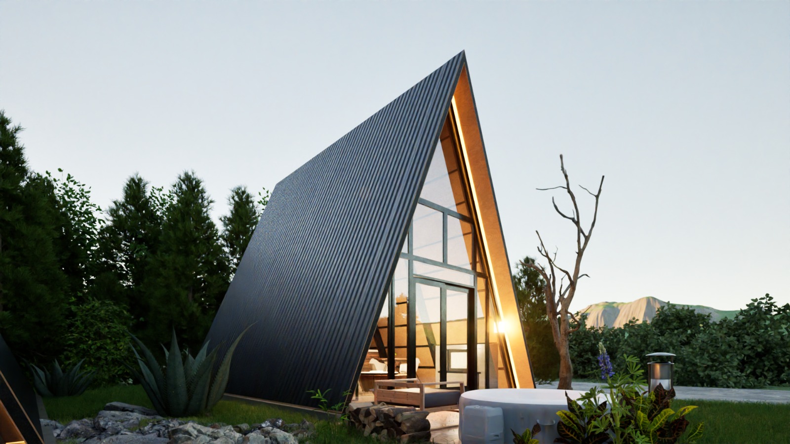 Cabaña A-Frame — vista lateral exterior